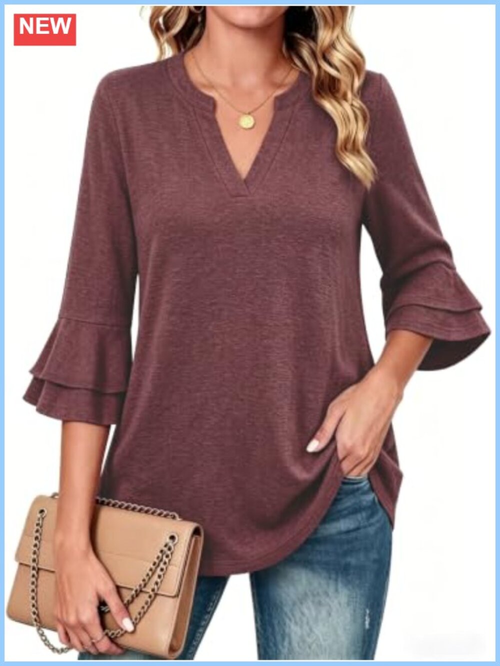 Womens 3/4 Bell Sleeve Tunic Blouse V Neck Dressy Casual Top